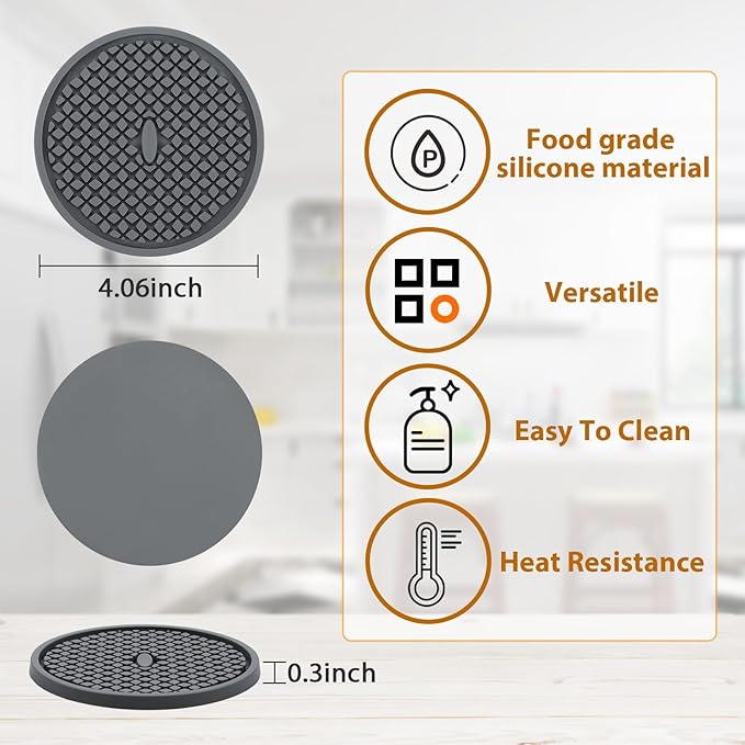 Silicone Coasters for Drinks, Non‑Slip Spill‑Proof Heat Resistant Drink Coasters 2-Piece Set, Reusable Washable Table Protection for Home Decor Kitchen Office, Bar(2Pack,Gray)