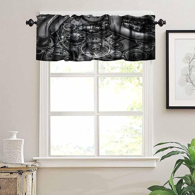 Engine Valance Curtain Car Engine Industrial Man Cave Rod Pocket Valance Window Treatments Short Curtains for Kitchen Farmhouse Living Room Bathroom Bedroom Decor 54x18inch