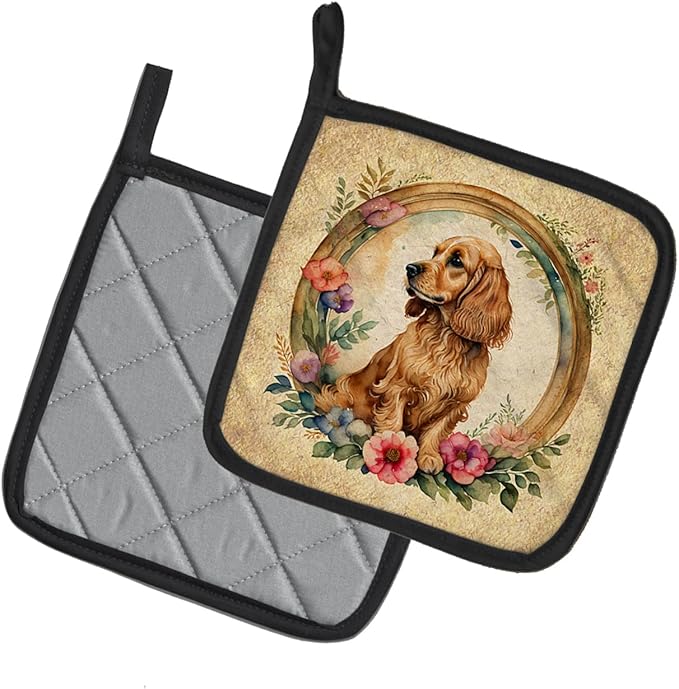 Caroline's Treasures English Cocker Spaniel and Flowers Pair of Pot Holders Kitchen Heat Resistant Pot Holders Sets Oven Hot Pads for Cooking Baking BBQ, 7 1/2 x 7 1/2
