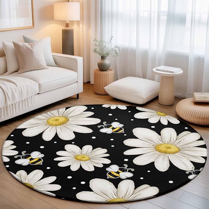 Washable Round Area Rug Watercolor White Floral Daisy Bee Circle Rugs Floor Carpet for Living Room Bedroom, Blossom Flower on Black Soft Non Slip Round Rug 5ft