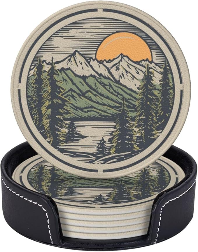 Mountain Sunset Leather Drinks Coasters with Holder, Set of 6, Suitable for Various Cups