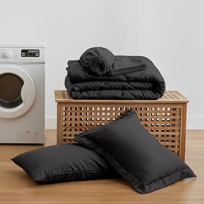 Love's cabin Twin Comforter Set Black, 5 Pieces Twin Bed in a Bag, All Season Bedding Sets with 1 Comforter, 1 Flat Sheet, 1 Fitted Sheet, 1 Pillowcase and 1 Pillow Sham | Soft, Breathable, Lightweight, Comfortable