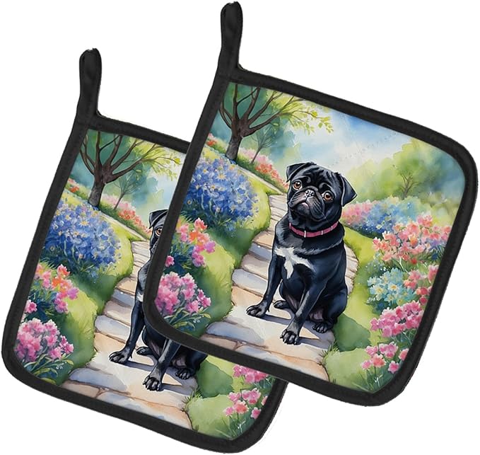 Caroline's Treasures Black Pug Spring Path Pair of Pot Holders Kitchen Heat Resistant Pot Holders Sets Oven Hot Pads for Cooking Baking BBQ, 7 1/2 x 7 1/2