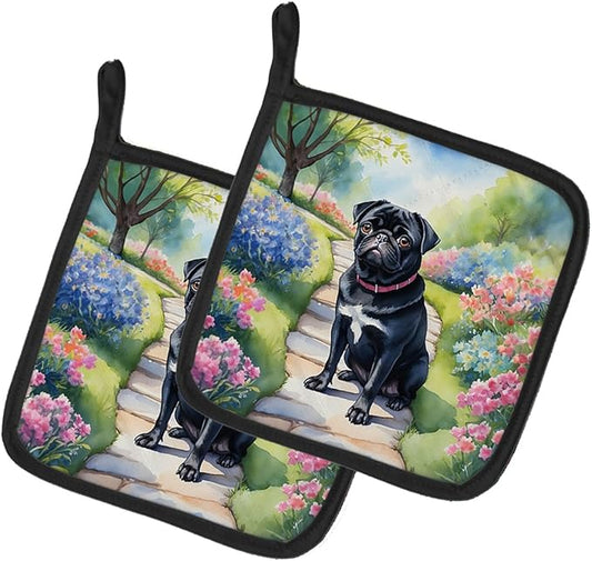 Caroline's Treasures Black Pug Spring Path Pair of Pot Holders Kitchen Heat Resistant Pot Holders Sets Oven Hot Pads for Cooking Baking BBQ, 7 1/2 x 7 1/2