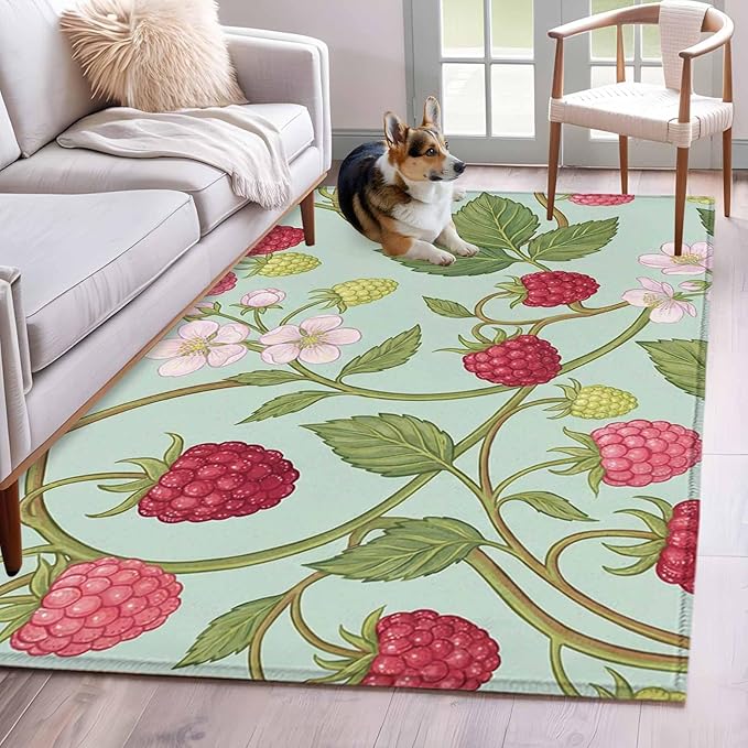 Area Rug 4x6ft, Farmhouse Berry Red Pink Blossoms Flower Washable Rugs for Living Room Bedroom, Green Leaves Soft Non-Slip Area Rugs Rectangle Floor Carpet for Dining Room