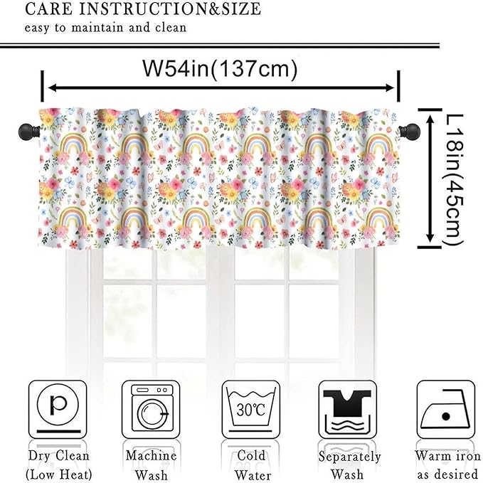 Rainbow Floral Valance, Watercolor Boho Rainbow Flowers Butterfly Print Short Window Treatment for Kitchen Dining Room Bedroom Nursery, 54x18Inch