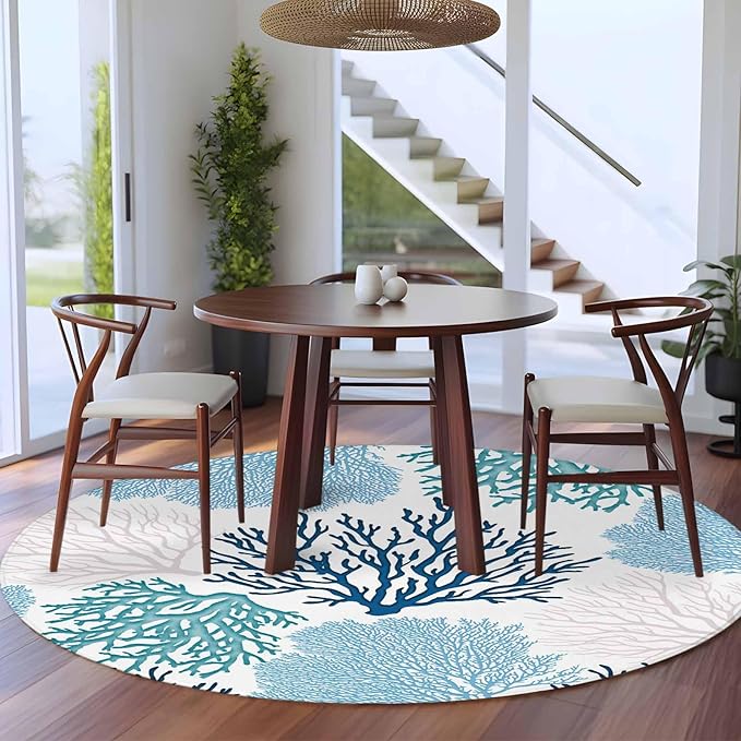 Washable Round Area Rug Classic Sea Blue Coral Circle Rugs Floor Carpet for Living Room Bedroom, Abstract Marine Life Scenery Soft Non Slip Round Rug 5ft