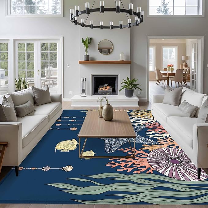 Area Rug 8x10ft, Ocean Starfish Coral Fish Washable Rugs for Living Room Bedroom, Underwater Creature on Navy Blue Soft Non-Slip Area Rugs Rectangle Floor Carpet for Dining Room