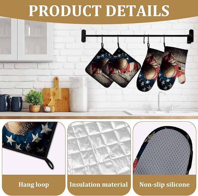 Vintage American Flag Baseball Oven Mitts and Pot Holders Sets 4Pcs Silicone Kitchen Gloves Heat Resistant Potholders for Baking Cooking Grilling BBQ