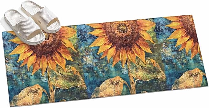 Runner Rug for Bedroom Hallway, Rustic Golden Sunflower on Teal Blue Kitchen Runner Rugs Area Rug 2x6ft, Abstract Floral Washable Soft Floor Carpet for Entryway Stair