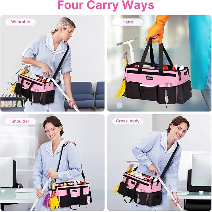 JKAOO Large Wearable Cleaning Caddy Bags,Cleaning Supplies Storage Bag with Handles and Adjustable Shoulder Strap and Removable Waist Straps,Waterproof Cleaning Bags for Home,Car,Office (Pink)