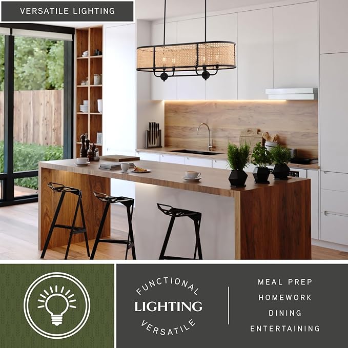 VAXCEL Berens 6L Linear Chandelier Island Pendant Fixture with Rattan Shade, Farmhouse Style Mounted Ceiling Lighting, Matte Black Finish