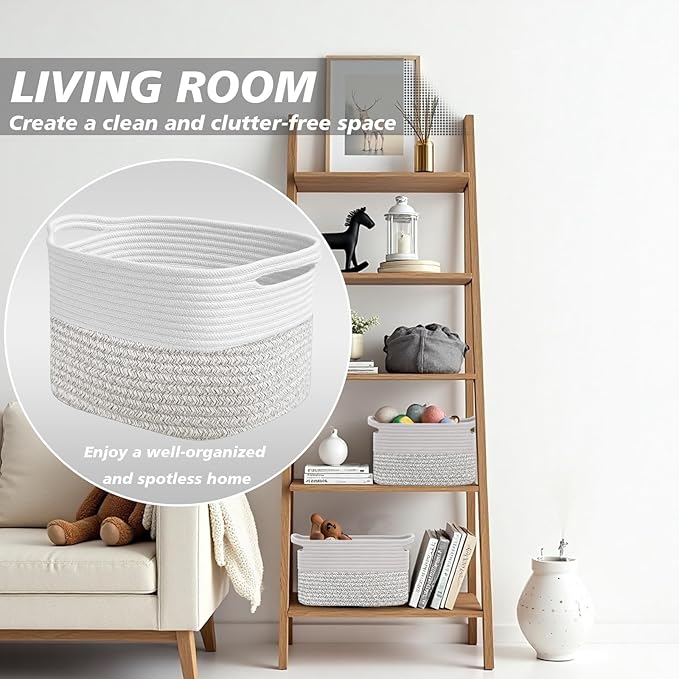 Woven Storage Basket, Cotton Rope Closet Organizers Bins for Clothes Blanket Towels, Stylish Gift Baskets with Handles, 13.4 x 9.3 x 9.5 in, White and Grey (Pack of 1)
