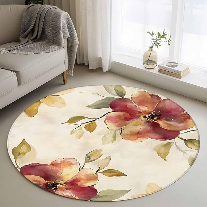 Washable Round Area Rug Oil Painting Style Flowers Circle Rugs Floor Carpet for Living Room Bedroom, Vintage Country Floral Soft Non Slip Round Rug 3ft