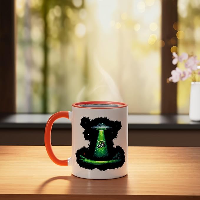 Retro Pixel Art UFO Abducting Golf Cart Funny Alien Golfing Ceramic Mug, Orange/White
