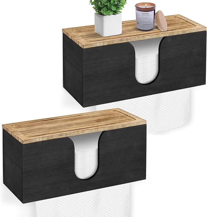 2 Pack Solid Wood Paper Towel Dispenser Wall Mounted, Folded Paper Towel Holder with Lid, Commercial C-Fold, Z-Fold, Trifold Hand Paper Towel Holder Dispenser for Bathroom Kitchen Office