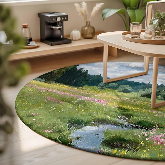 Washable Round Area Rug Watercolor Flowers Leaves Forest Meadow Circle Rugs Floor Carpet for Living Room Bedroom, Oil Paint Texture Soft Non Slip Round Rug 3ft