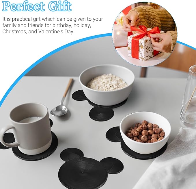 Funny Mouse Ears Coasters Non-Slip Black Drink Coasters for Bars, Party, Office, Home Decor Tabletop Protection Birthday Wedding Housewarming Easter Gifts Ideas - Set of 4