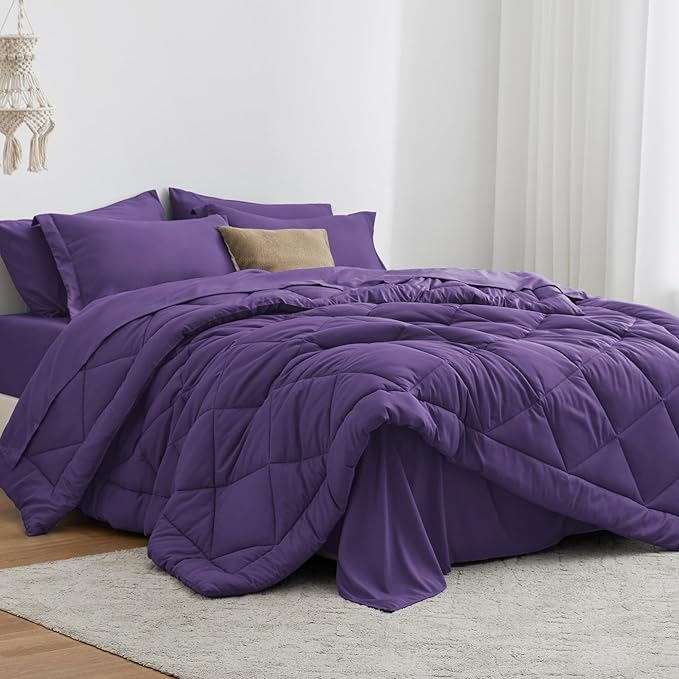 Love's cabin Full Comforter Set Purple, 7 Pieces Full Bed in a Bag, All Season Bedding Sets with 1 Comforter, 1 Flat Sheet, 1 Fitted Sheet, 2 Pillowcase and 2 Pillow Sham | Soft, Breathable, Lightweight, Comfortable
