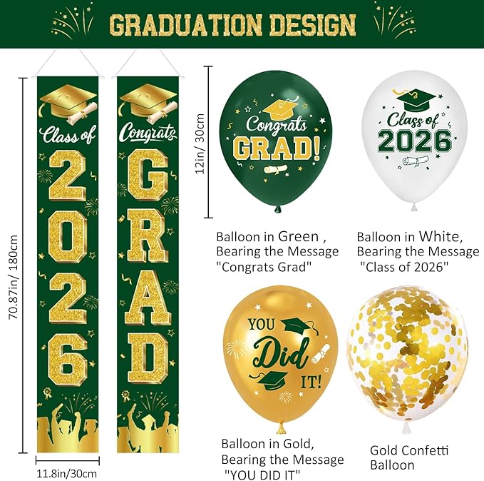 Graduation Decorations Class of 2026 - Green and Gold Graduation Party Supplies Include Backdrop, Banner, Hanging Swirls, Porch Sign, Balloons for Congrats Grad Decorations