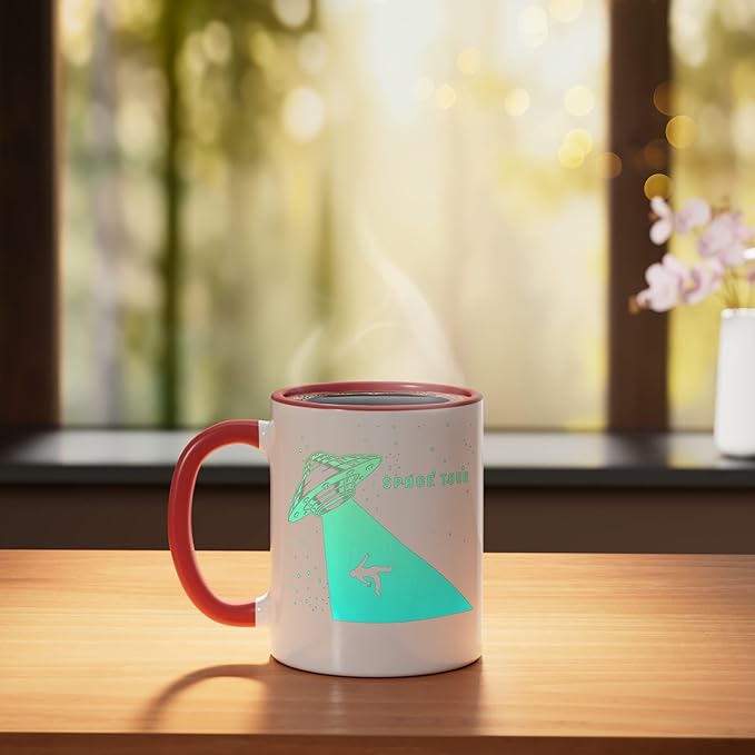 Flying Saucer UFO, Astronauts are Aliens Ceramic Mug, Red/White
