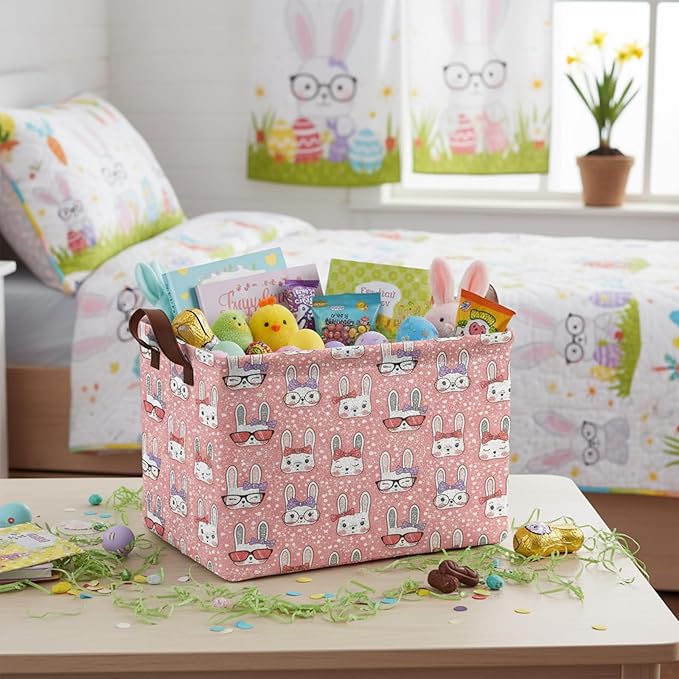 Large Rectangular Cute Kid Easter Basket Empty Bunny Eggs Easter Basket Gift Spring Room Storage Organizer Décor (E-13)