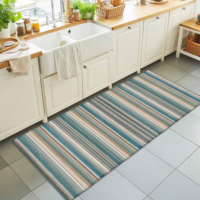 Runner Rug for Bedroom Hallway, Minimalist Vertical Stripes Kitchen Runner Rugs Area Rug 2x6ft, Retro Boho Lines Washable Soft Floor Carpet for Entryway Stair