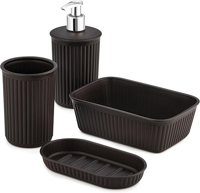 Decorative Plastic Bathroom Accessories Set, Brown (Set of 4) Soap Dish, Liquid Dispenser, Toothbrush Holder Cup, Vanity Organizer Tray - Bath Accessory Countertop Decor Gift - Ribbed Design