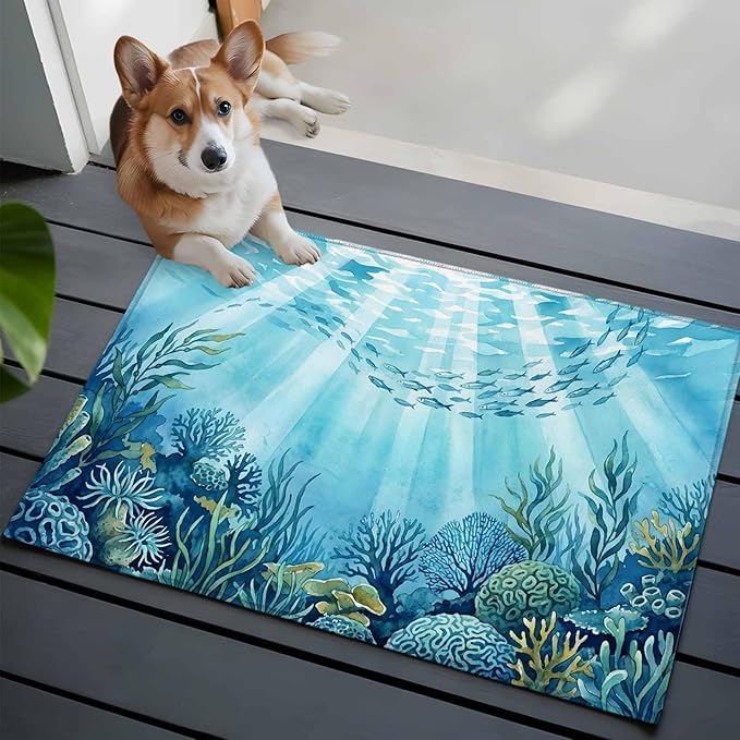 Area Rug 2x3ft, Underwater World Coral Seaweed Washable Rugs for Living Room Bedroom, Seafloor Ocean Life Fish Soft Non-Slip Area Rugs Rectangle Floor Carpet for Dining Room
