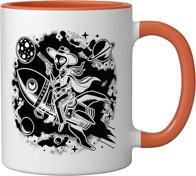 Alien Lover Flying Saucer UFO Extraterrestrial Cowboy Ceramic Mug, Orange/White