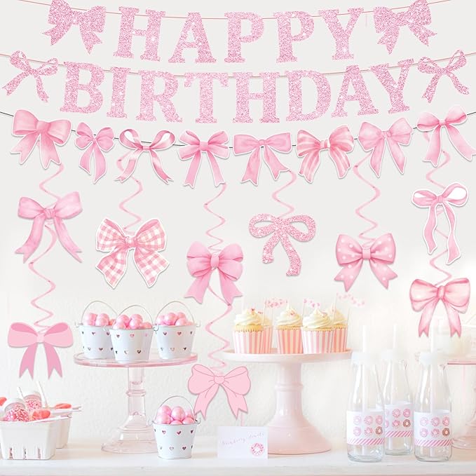 26Pcs Pink Bow Birthday Party Decorations, Bow Birthday Decorations Girl Include Happy Birthday Banner Hanging Swirls Set Balloons for Women Girls Bow Party Decorations, Baby Shower Party Supplies