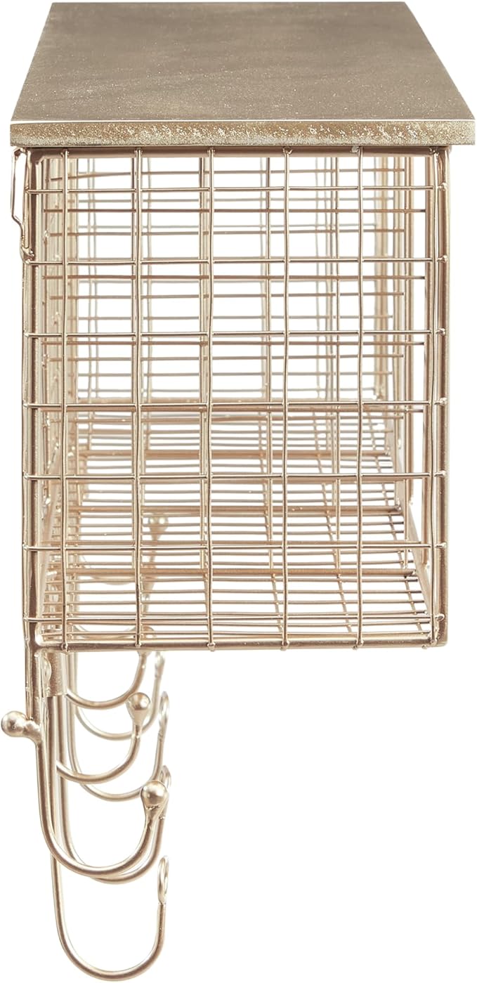 Linon Lanette Gold Metal Four Cubby Wall Shelf with Wood Shelf and Four Hooks