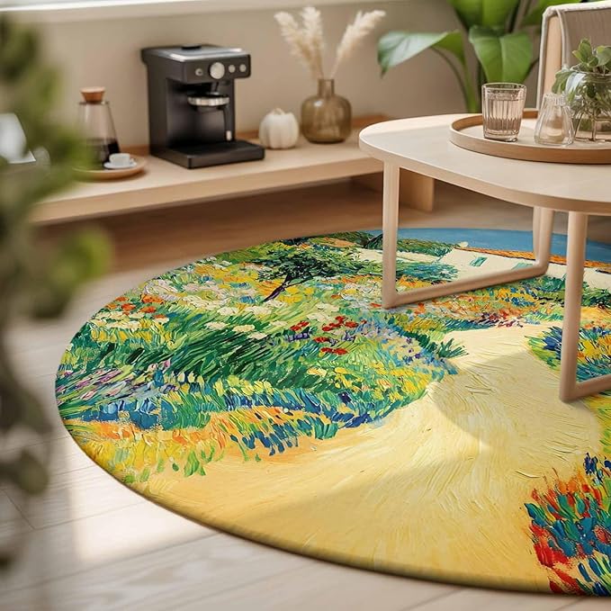 Washable Round Area Rug Pastoral Floral Pink Yellow Flower Green Leaves Circle Rugs Floor Carpet for Living Room Bedroom, Farm Plants Soft Non Slip Round Rug 3ft