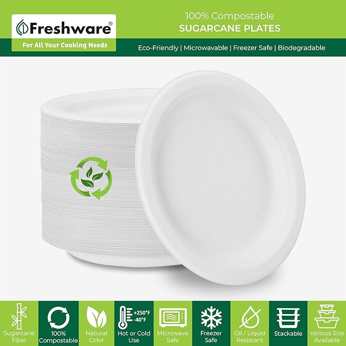 Freshware Paper Plates - Disposable 10" Plate, 500-Pack, Biodegradable Sugarcane Dinner Plates - Heavy Duty Dinnerware for Hot Food - Microwave & Freezer Safe, Stackable Dinnerware