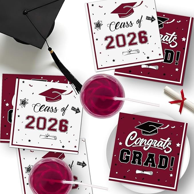 50 Pcs Graduation Napkins Decorations - Maroon Class of 2026 Congrats GRAD 3-Ply Paper Cocktail Dinner Napkins Set for 2026 Graduation Party Supplies Table Decor Favors, 6.5 x 6.5 Inch