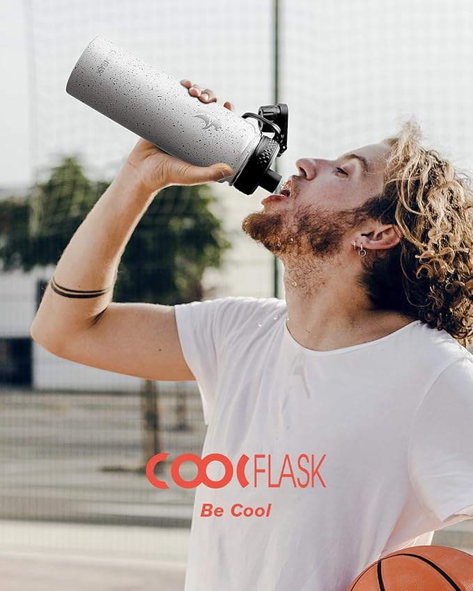 Coolflask Water Bottle 20 oz Insulated with Straw, Stainless Steel Metal 3 Lids Water Flask Wide Mouth for Sports or Office, Non-BPA Keep Cold Up to 48 Hrs or Hot Up to 24 Hrs, Arctic White