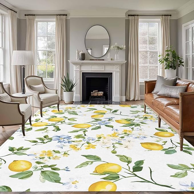 Area Rug 6x9ft, Summer Watercolor Lemon Flower Washable Rugs for Living Room Bedroom, Spring Farm Fruit Green Leaf Soft Non-Slip Area Rugs Rectangle Floor Carpet for Dining Room