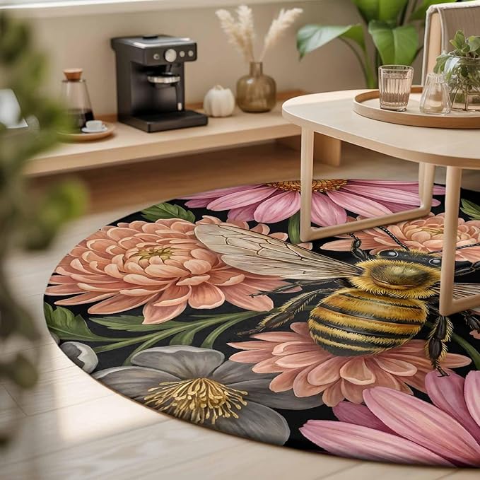 Washable Round Area Rug Vintage Honey Gold Bee Pink Flowers Circle Rugs Floor Carpet for Living Room Bedroom, Sage Green Leaves Soft Non Slip Round Rug 3ft