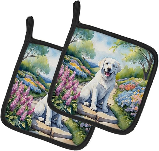 Caroline's Treasures Kuvasz Spring Path Pair of Pot Holders Kitchen Heat Resistant Pot Holders Sets Oven Hot Pads for Cooking Baking BBQ, 7 1/2 x 7 1/2