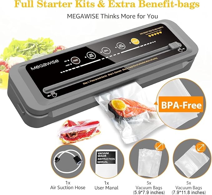 MEGAWISE Vacuum Sealer, 80kPa Suction, One-Touch Automatic, Dry & Moist Modes, 12-Inch Sealing, Vacuum Sealer for Food, Chef Preserve Compact Vacuum Sealer, Built-in Cutter, Black