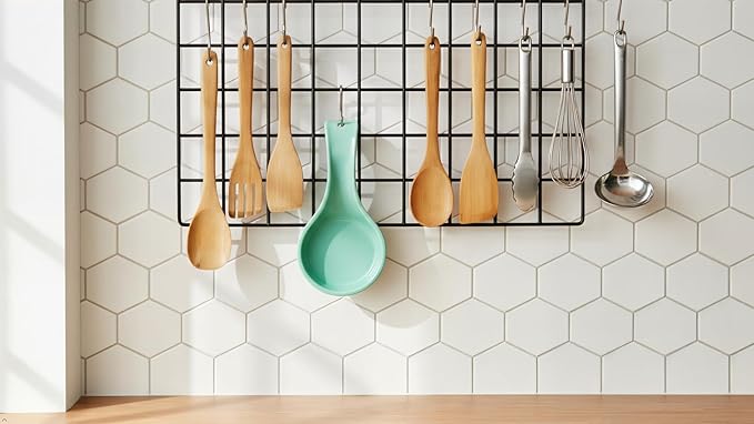 Reston Lloyd Kitchen Counter Utensil Spoon Rest, Ladles, Spaghetti Forks, & Spatulas, Durable BPA-Free Plastic – Dishwasher Safe, Décor, Space Saving Hanging Hole on Handle, Aqua