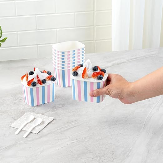 Restaurantware Paper Cups 50 Count 12 Ounce Square Disposable Ice Cream Containers, Leak-Resistant Paper Dessert To Go Cups, Hot And Cold Food, Durable Pink And Blue Stripe Design