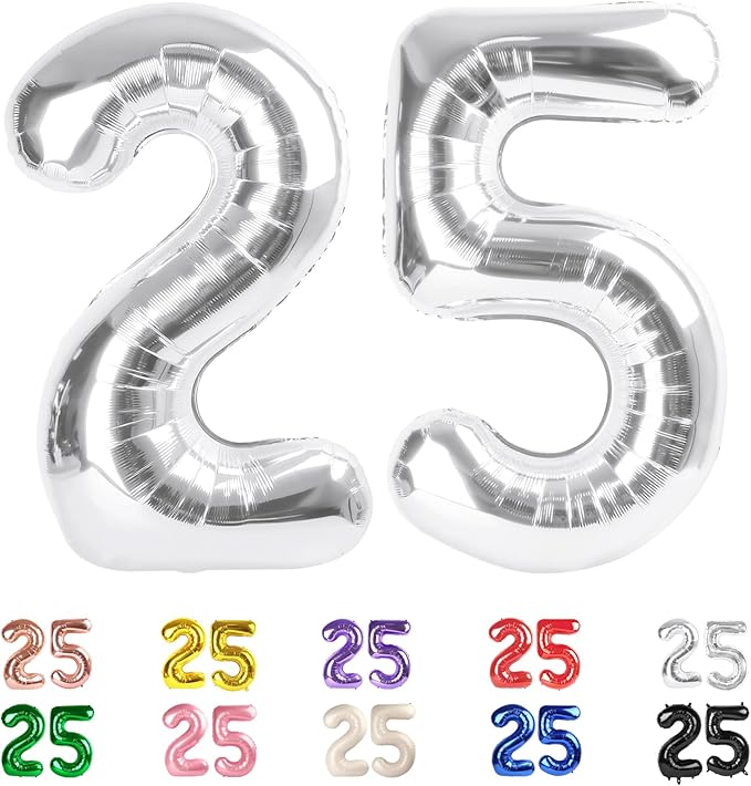 25 Balloon Numbers, 25th Birthday Decorations for Women Men, Number 52 Balloons 40 In Silver Birthday Party Decorations for Wedding, Celebration Party, Graduations