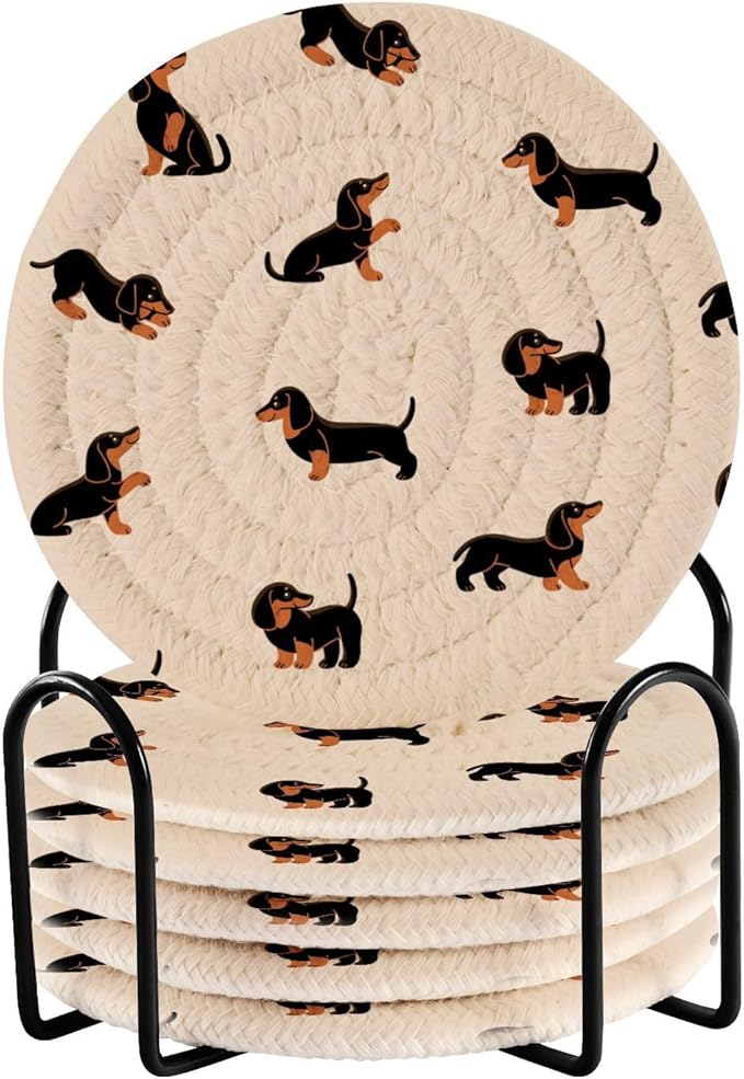 YETTASBIN Cute Dachshund Dog 6 Pcs Drink Coasters with Holder, Cotton Woven Absorbent Heat-Resistant Round Coaster Non-Slip Table Mat for Kitchen Bar Home Decor Housewarming Gift, 3.9 in