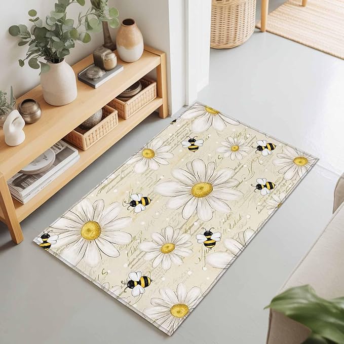 Area Rug 2x3ft, Retro Watercolor White Floral Bee Washable Rugs for Living Room Bedroom, Summer Daisy Letter Texture Soft Non-Slip Area Rugs Rectangle Floor Carpet for Dining Room