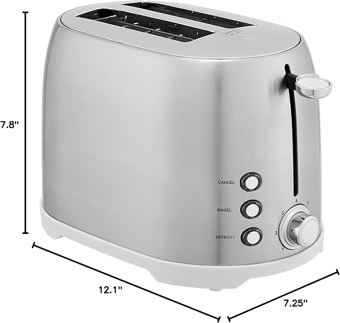 Amazon Basics 2 Slice Cool Touch Stainless Steel Toaster with 7 Browning Settings, Extra Wide Slots (for Bagels, Waffles, Specialty Breads), Removable Crumb Tray, Cancel Button, 800W, Brushed Silver