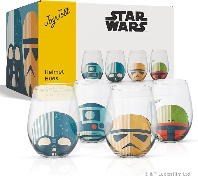 JoyJolt Star Wars™ Helmet Hues Tumblers Stemless Glasses. Set of 4 Large 19oz Glass Drinking Glasses, Wars Kitchen Gifts and, Collectibles for Adults, HH681