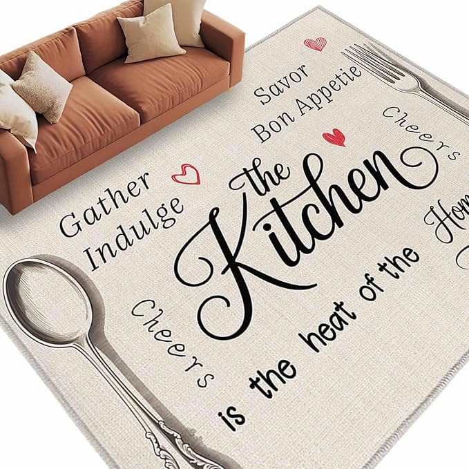 Area Rug 6x9ft, Spoon Fork Vintage Farmhouse Washable Rugs for Living Room Bedroom, Abstract Love Retro Linen Soft Non-Slip Area Rugs Rectangle Floor Carpet for Dining Room