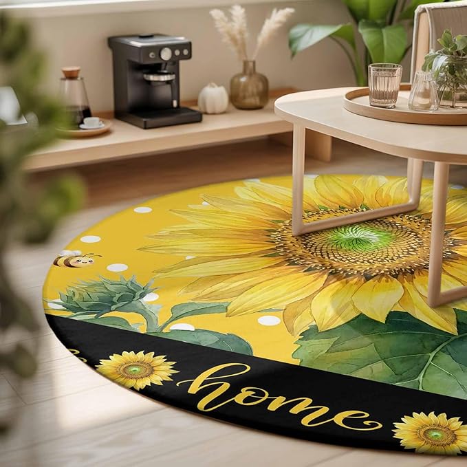 Washable Round Area Rug Summer Watercolor Sunflowers Bees Circle Rugs Floor Carpet for Living Room Bedroom, Farmhouse Floral Art Soft Non Slip Round Rug 3ft