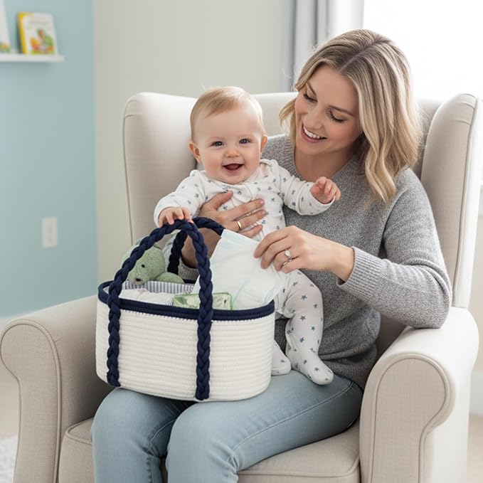 Baby Diaper Caddy, Portable Diaper Organizer for Changing Table, Car Travel Baby Shower Gifts Newborn Essentials, Cotton Rope Nursery Storage Basket for Boys (White＆Navy Blue)